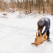 A woman playing with her dog in the snow