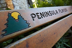 A bench with Peninsula Players carved in it.