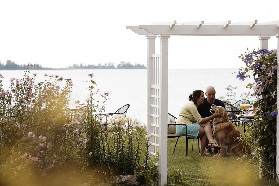 A couples dines waterside with their dog.