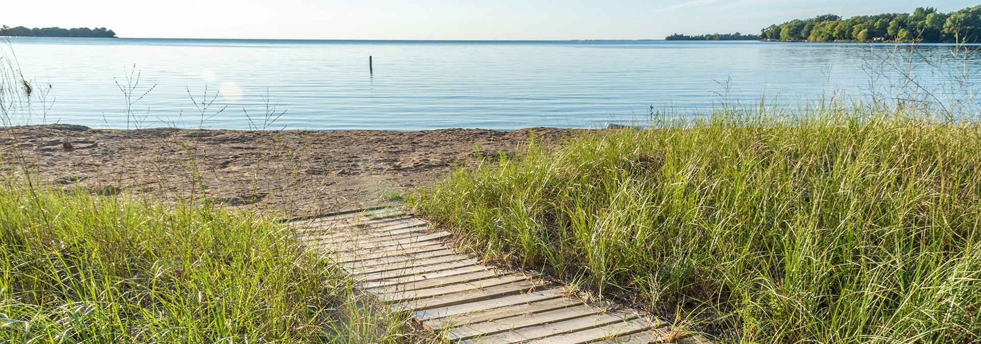 Grass-lined wooden walkway leading to the beach and the lake