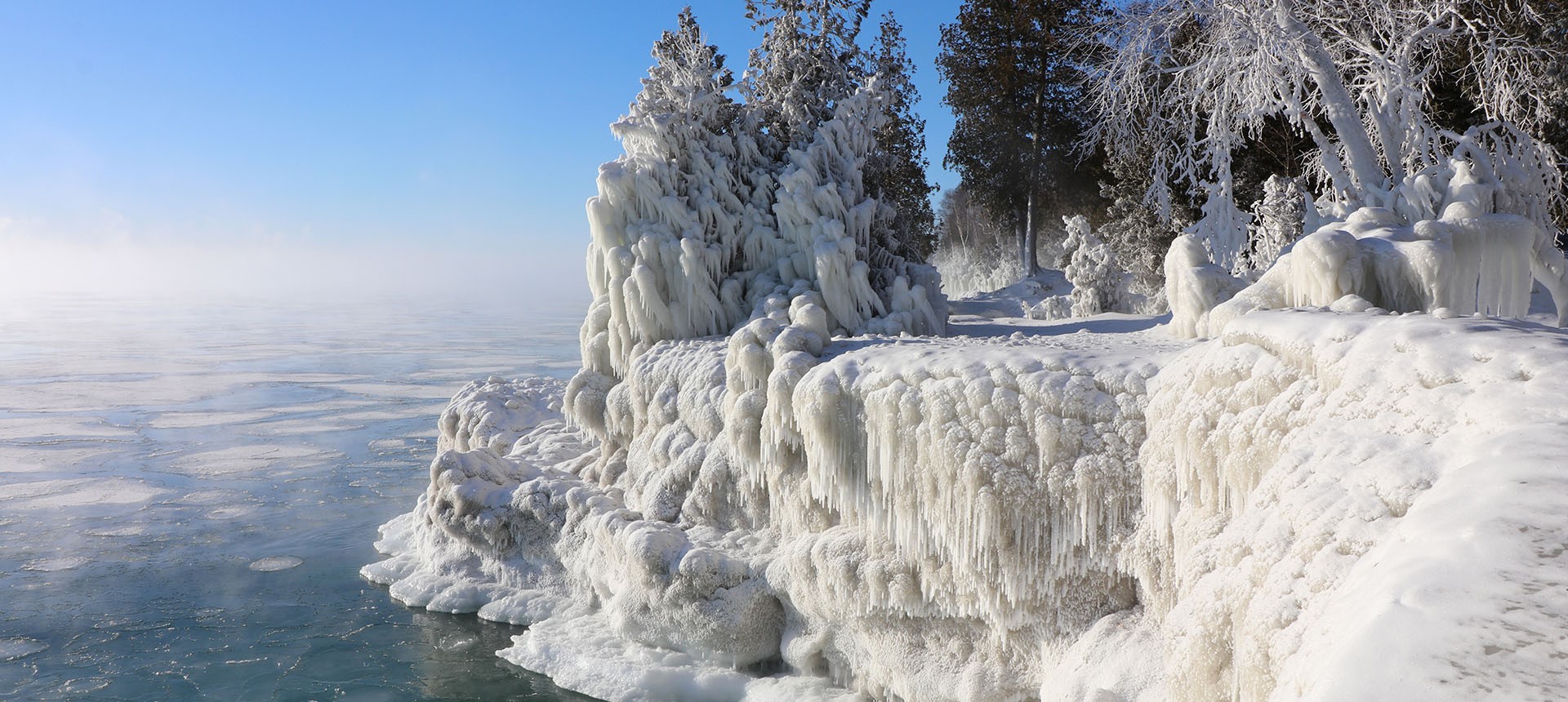 Ice-covered trees and cliff at the lakefront