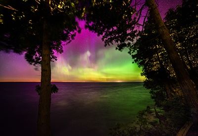 The Northern Lights over the lake through the trees.