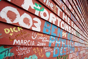 Closeup of the side of a graffiti-covered building