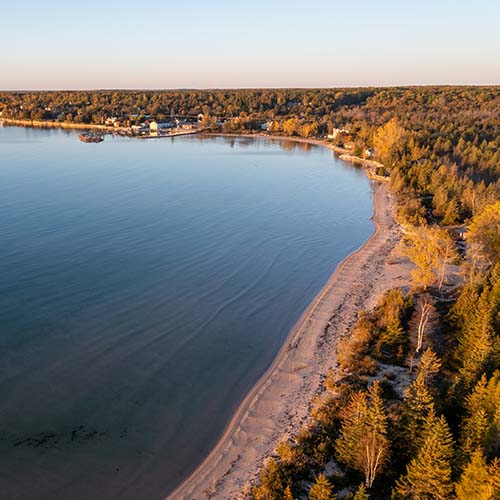 Aerial view of a sand and tree-lined Lake Michigan shoreline.