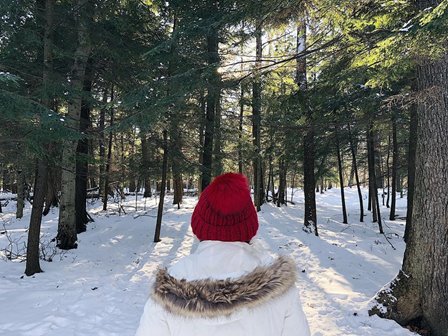 A person in a read hat and white coat standing in a snowy wooded area