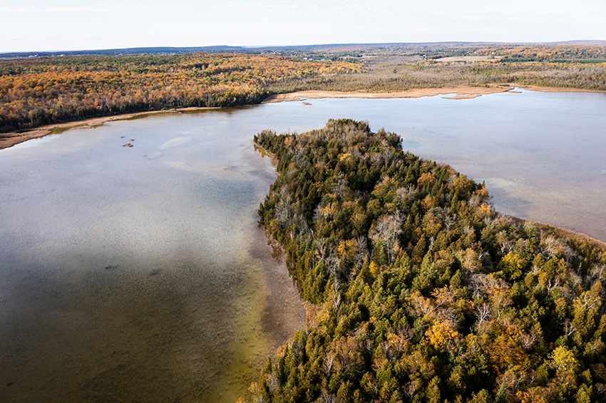 An aerial view of Kangaroo Lake and its wooded causeway.