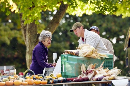 A farmer helps a woman select the freshest produce and flowers from his stand at the farmers market.