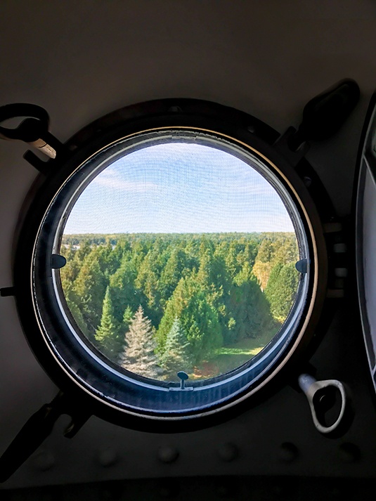 View from a lighthouse window overlooking trees