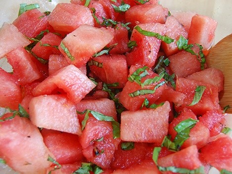 Close up of basil watermelon salad