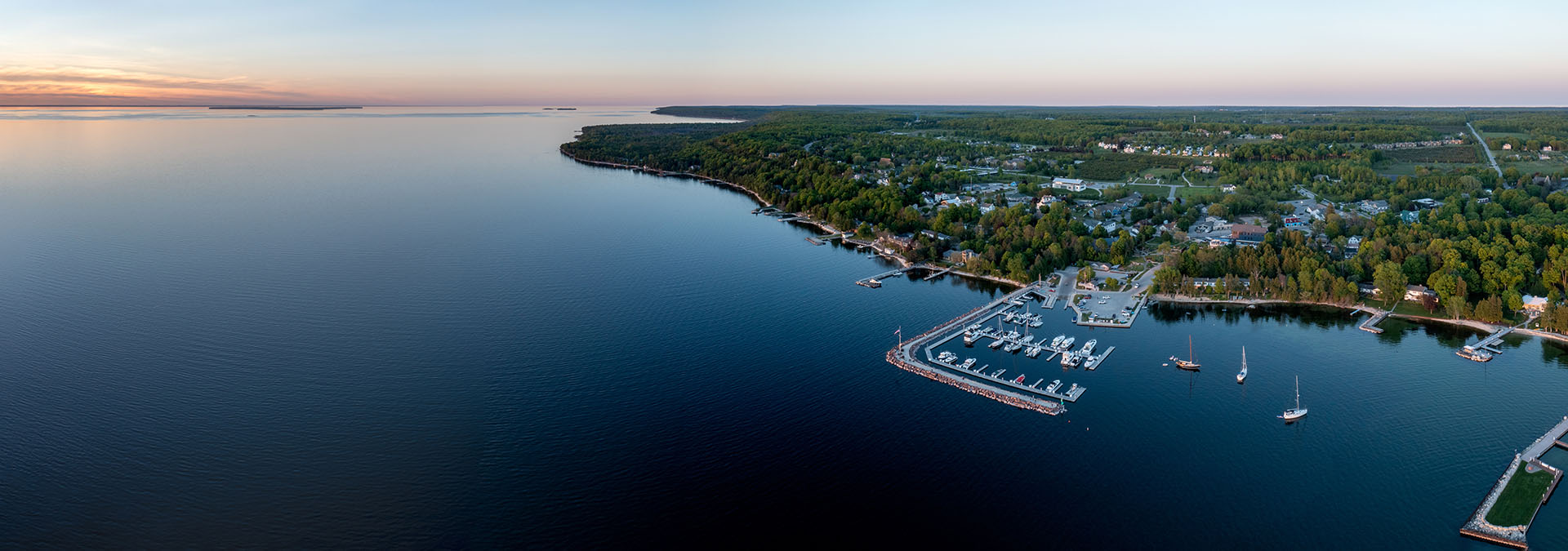 Aerial view of a door county marina