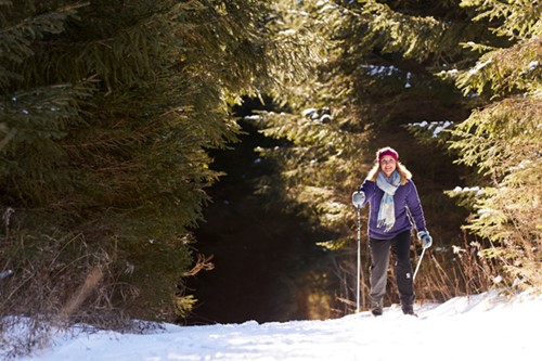 A woman cross country skis in a deep green pine forest.