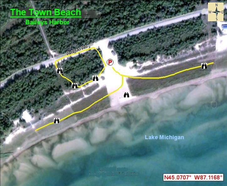 Aerial view map of the Town Beach in Baileys Harbor