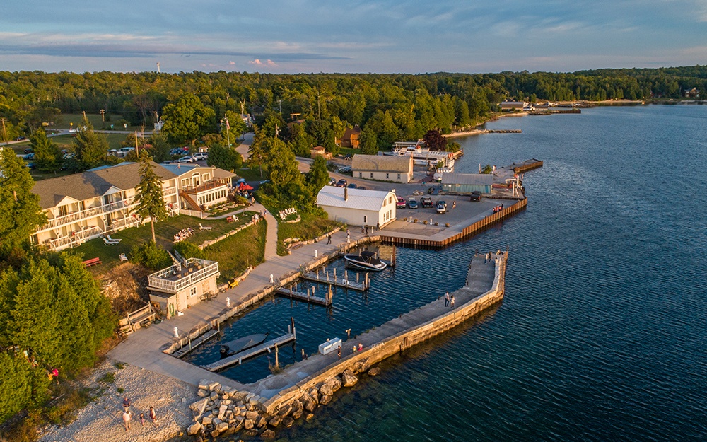 Aerial view of Gills Rock waterfront.