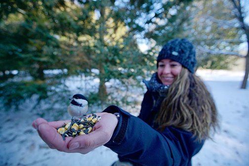 A woman feeding a chickadee from her palm.