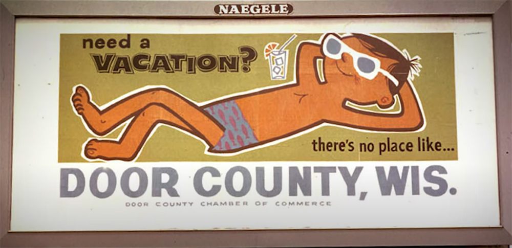 A roadside sign from the 1960s depicting a cartoon man relaxing in the sun