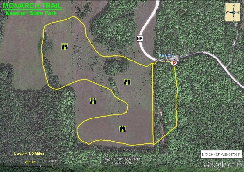 Aerial view map of Monarch Trail in Newport State Park