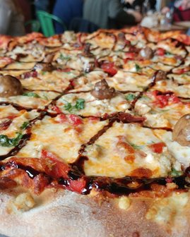 Closeup of a pizza.