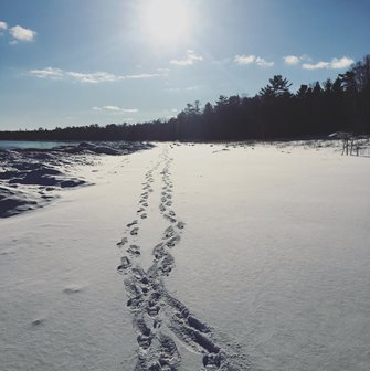 Footprints in the snow leading into the distance