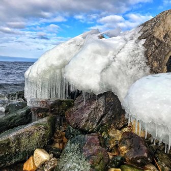 Ice-covered rocks at the lakefront