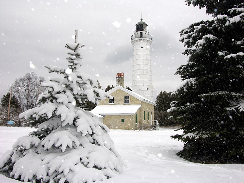 A lighthouse in the snow with trees