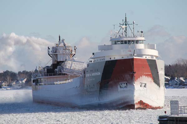 A closeup view of the freighter, encased in ice.