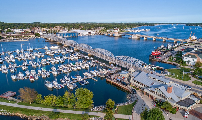 Aerial view of Sturgeon Bay on a sunny, clear day