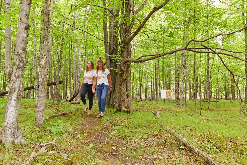 A couple walking through the woods.