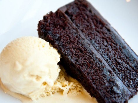 A slice of chocolate cake and scoop of vanilla ice cream on a plate