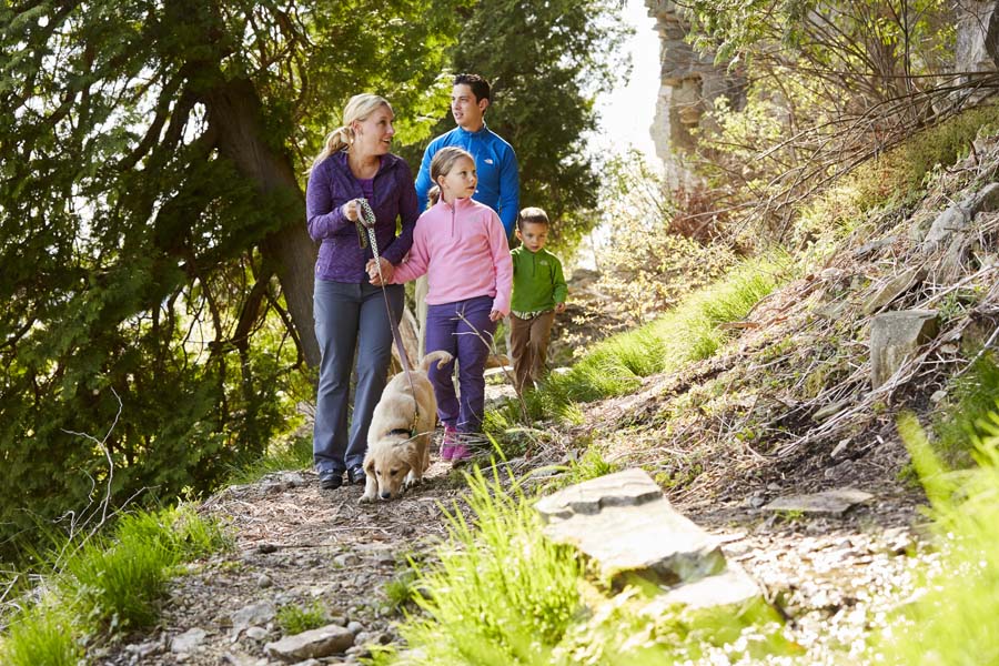 A family with a dog hikes along a towering rocky escarpment.