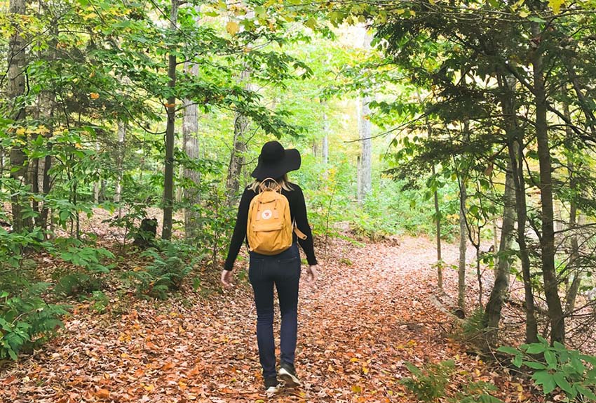 A woman with a backpack hiking a leaf-covered trail through the woods.