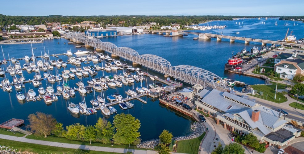 The Sturgeon Bay marina and downtown area on a sunny summer day.