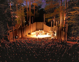An audience at an amphitheater at night watching a performance surrounded by trees.