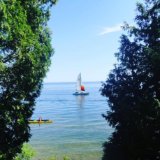A sailboat and kayak out on the lake through the trees.