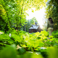 A woman standing among greenery