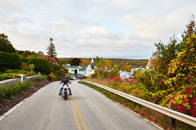 The Full-County Driving Tour A man rides a motorcycle down a street with fall trees on either side.
