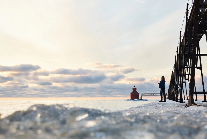 Winter Light: Why Door County Winter Sunsets are So Spectacular North Pierhead Lighthouse at sunrise.
