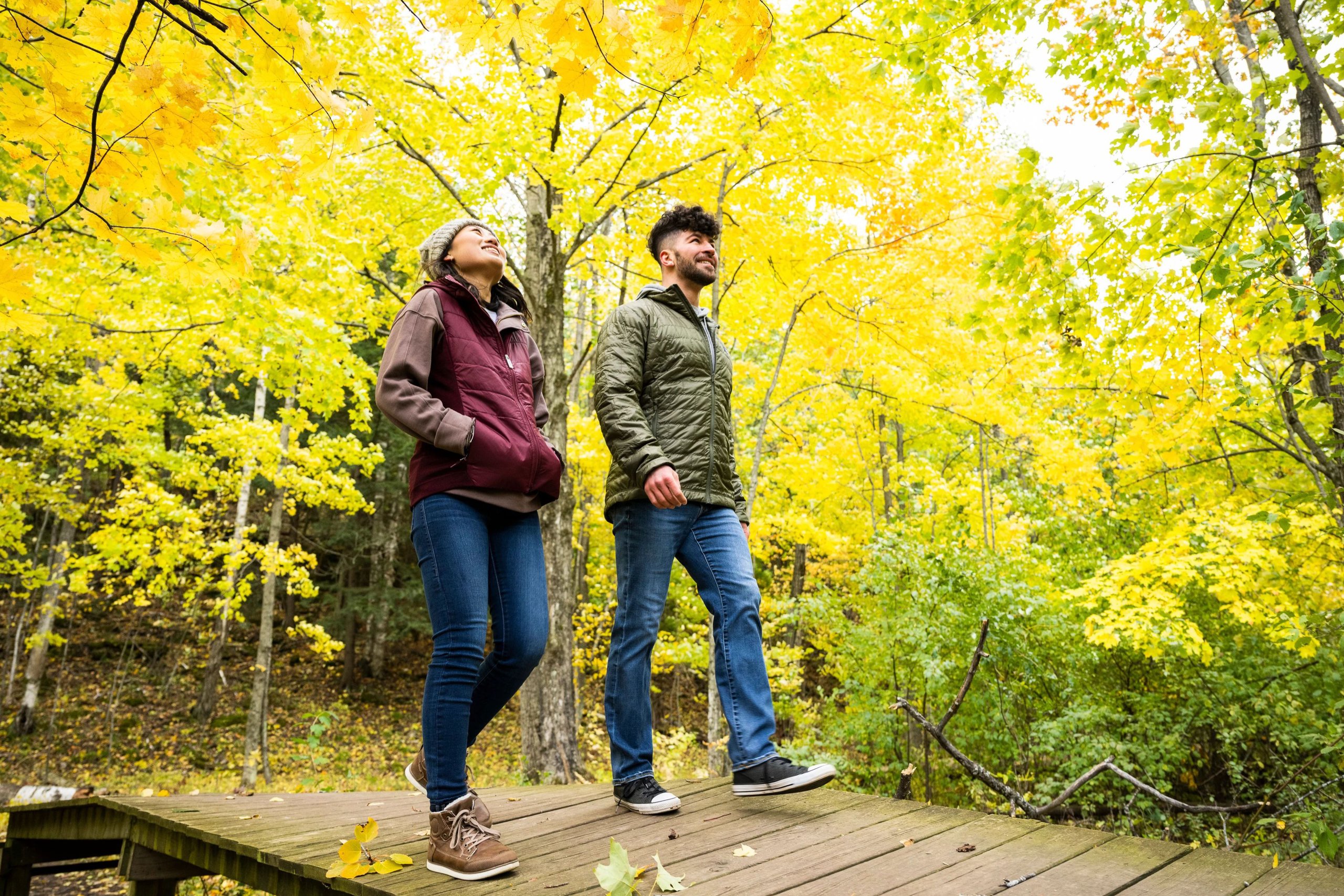 Discover Door County Fall Colors Fall hikers exploring Bay Shore Blufflands Nature Preserve.