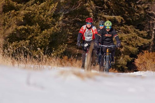 Fat Tire Biking in Door County Two fat-tire bikers ride out of the forest onto a snowy trail.