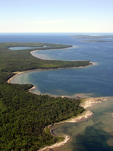 6 Great Door County Hikes Aerial view of the Lynd Point shoreline.