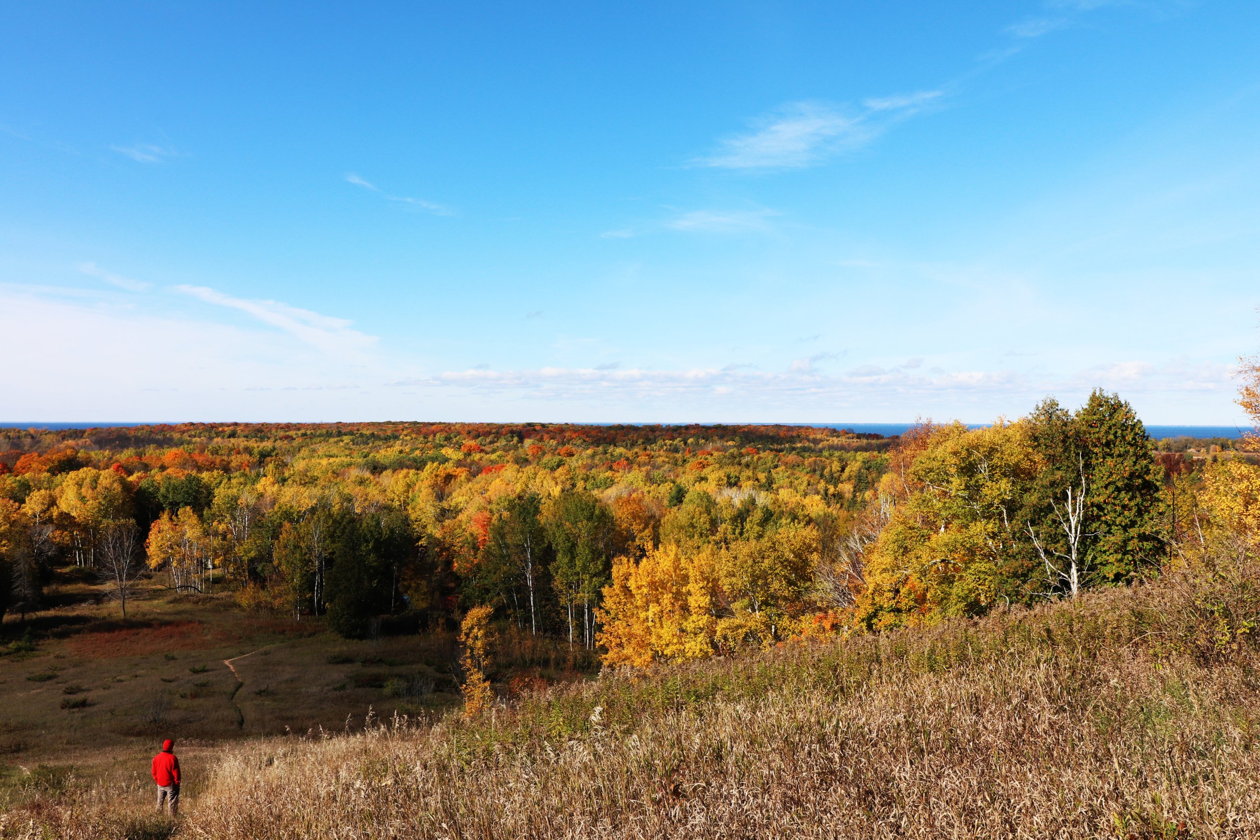 10 Hikes for Fall Adventure A sweeping view of the park drenched in fall color.