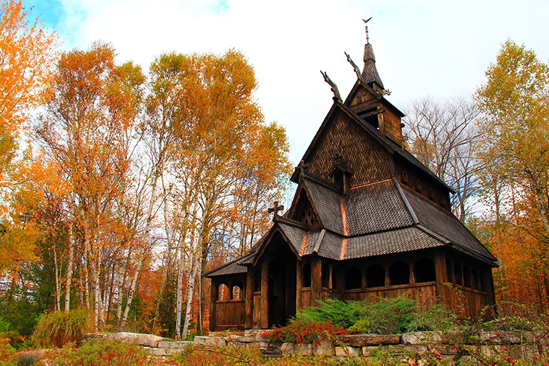The Stavkirke: Hidden Treasure in the Woods The Stavkirke surrounded by fall colors