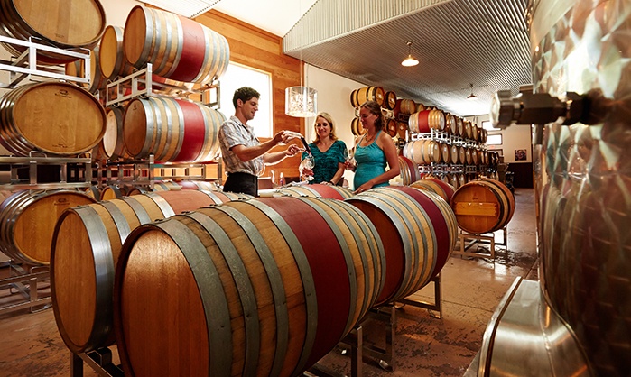 9 Door County Wineries & How to Visit Them All Friends take a wine tour among barrels and wine bottles at a Door County winery.