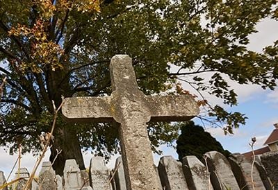 Belgian Chapels A stone cross in front of a tree.