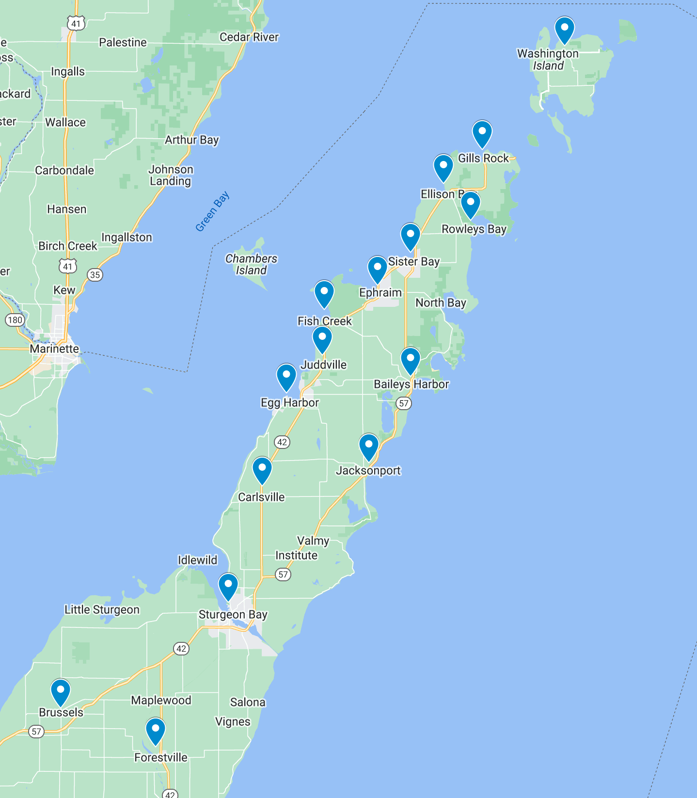 Drive times map showing routes to Door County