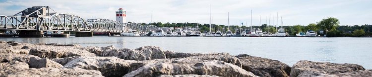 Local Communities Distance shot over the water looking at a bridge, marina and rocks.