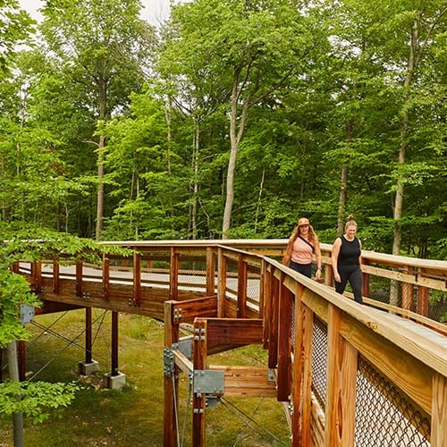 Fish Creek Two women walking along a wooden boardwalk