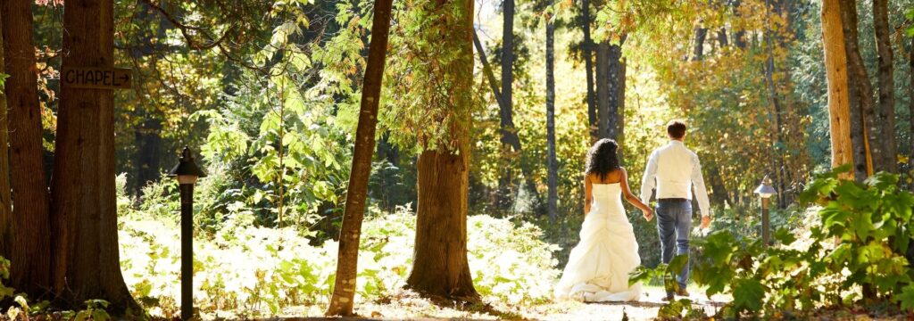 A bride and groom holding hands and walking down a sunlit path in the woods