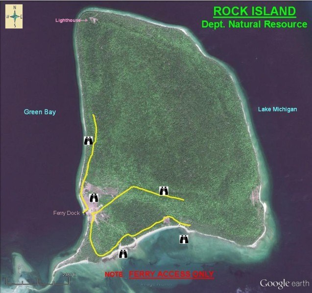 Birding Maps Aerial view map of Rock Island in Door County