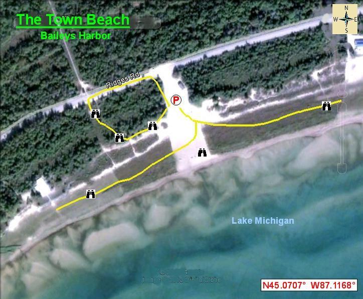 Birding Maps Aerial view map of the Town Beach in Baileys Harbor