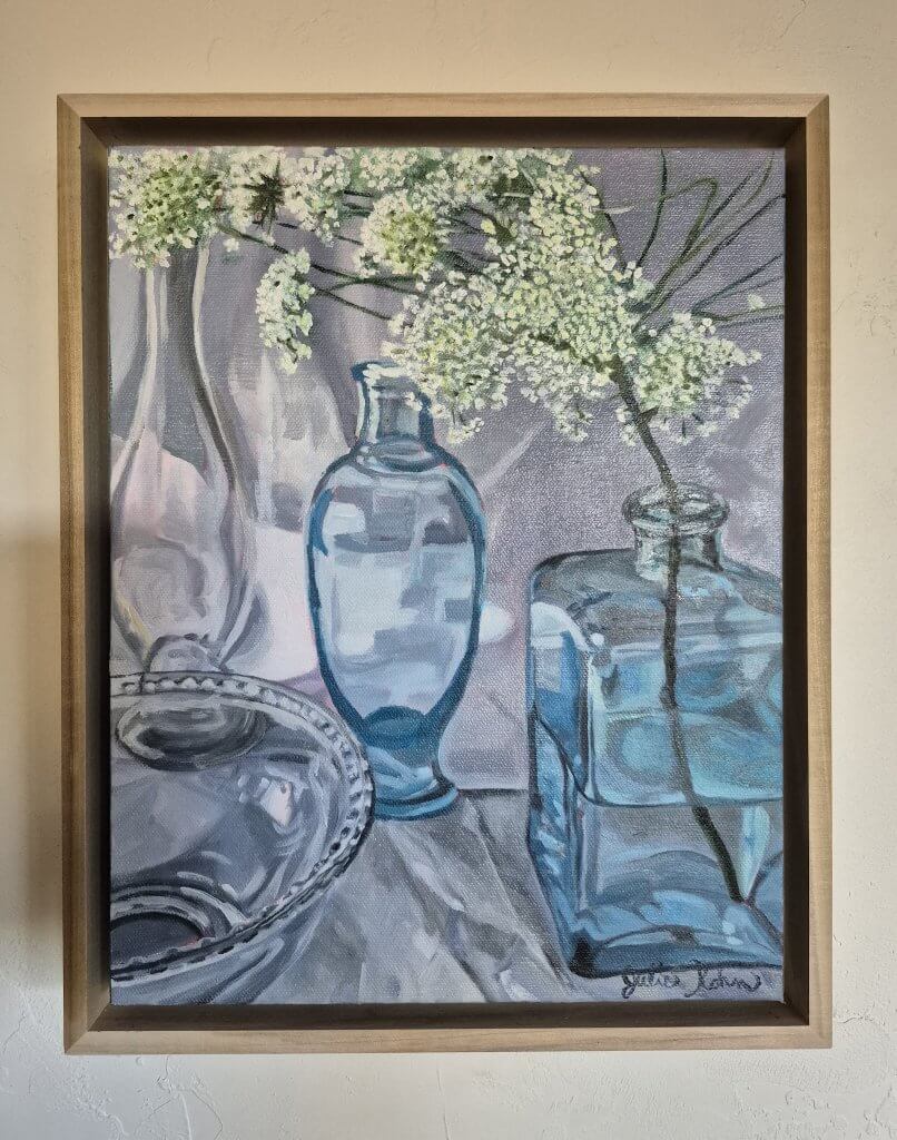 A painting of glass vases with flowers  by Julie Rohn, 2026 Art in the Door Art Laureate.